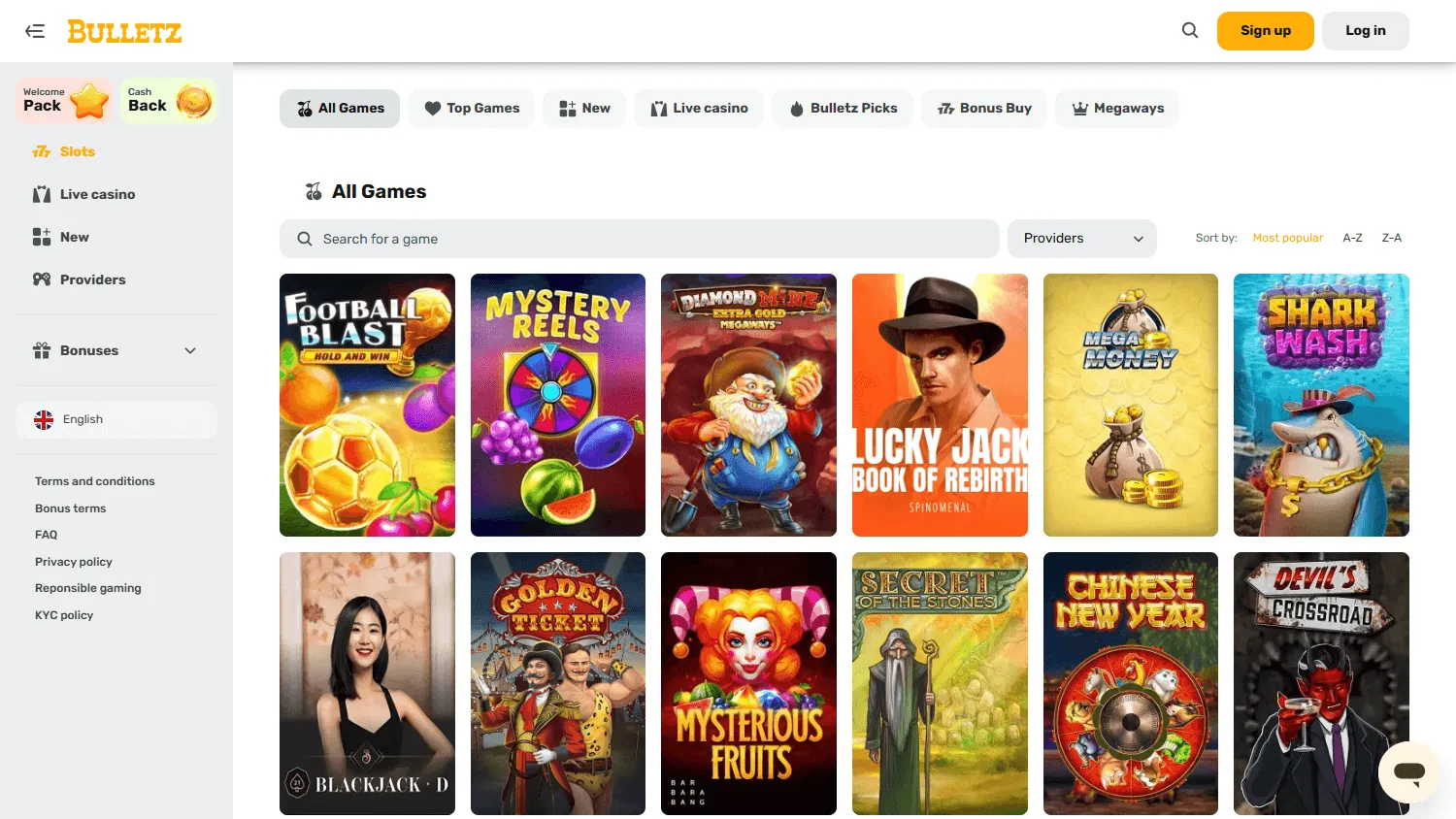 Bulletz Casino game browsing on desktop