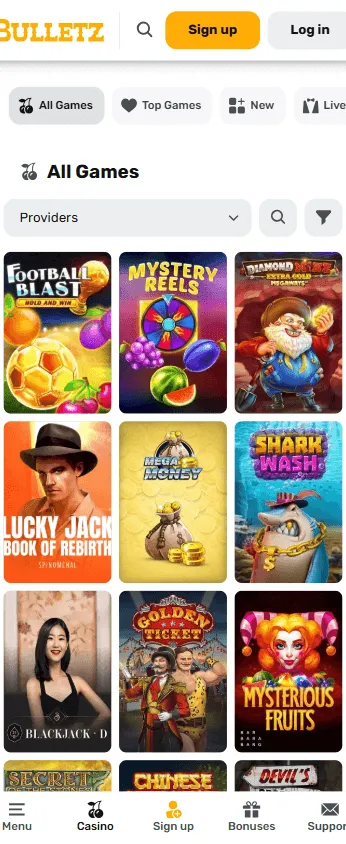 Bulletz Casino games on a mobile browser