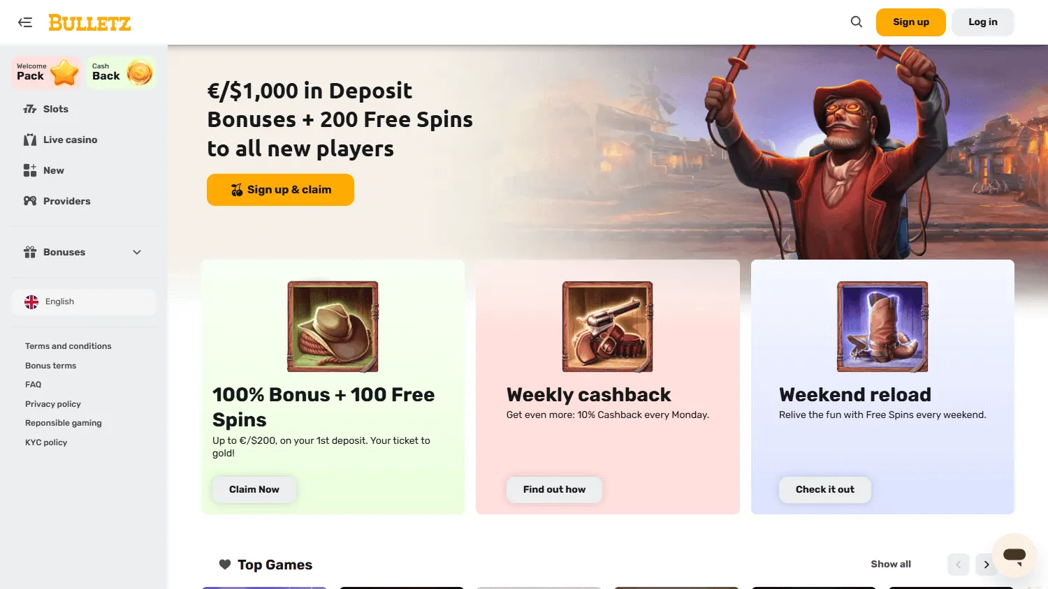 Bulletz Casino home experience on desktop