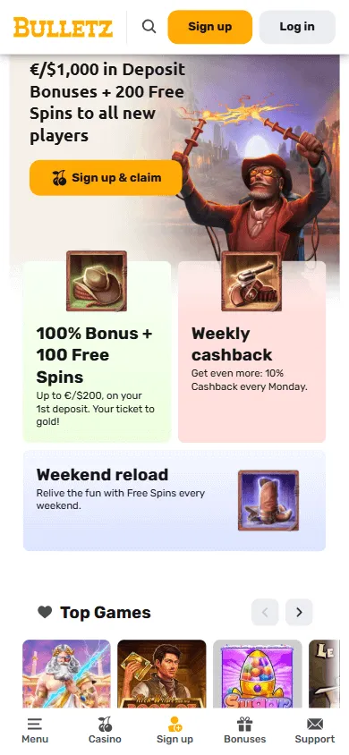 Bulletz Casino home experience on a mobile browser