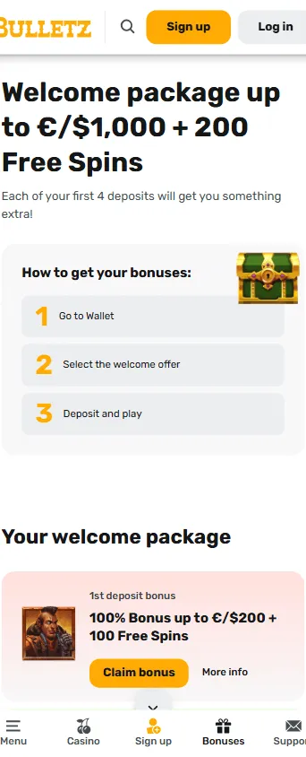 Bulletz Casino promotions on a mobile browser