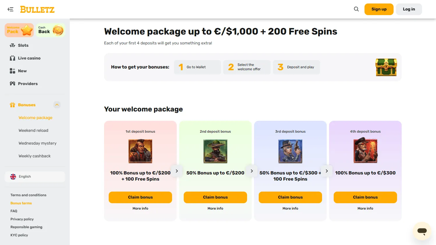 Bulletz Casino promotions on desktop